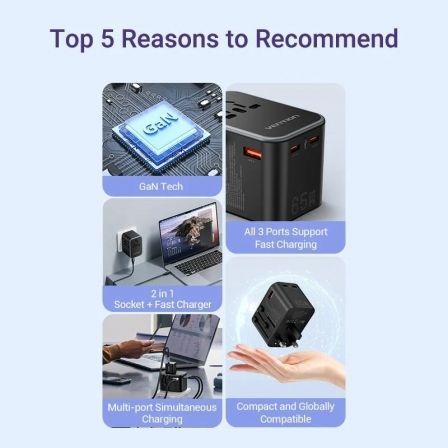 CARGADOR PARED UNIVERSAL TOMA DE CORRIENTE/2xUSB-C/USB-A 65W NEGRO VENTION